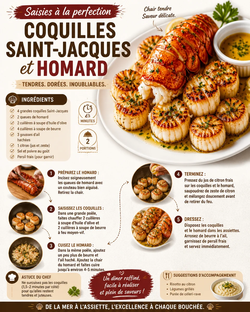 Coquilles Saint-Jacques et Homard servies dans une assiette élégante