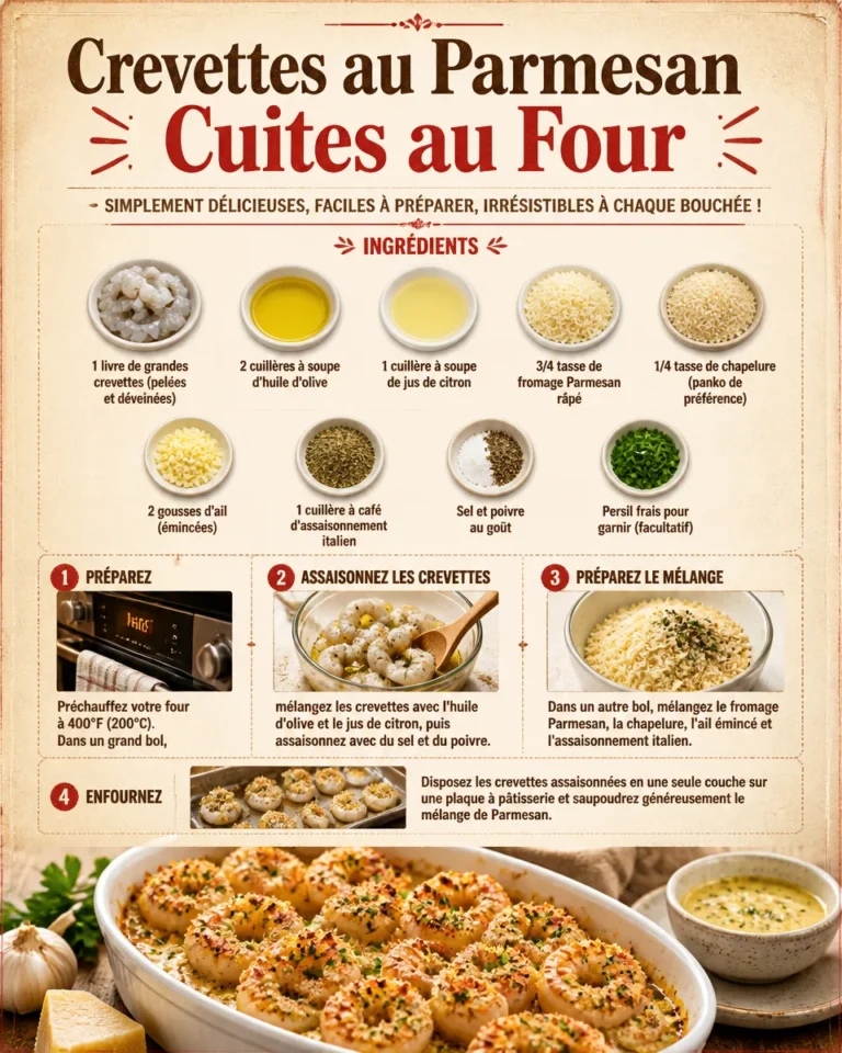 Crevettes au Parmesan cuites au four, prêtes à déguster.