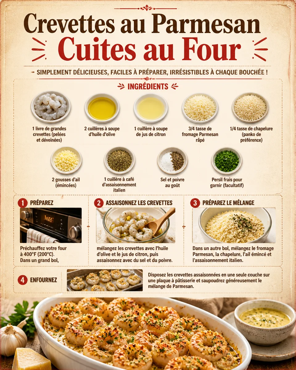 Crevettes au Parmesan cuites au four, prêtes à déguster.
