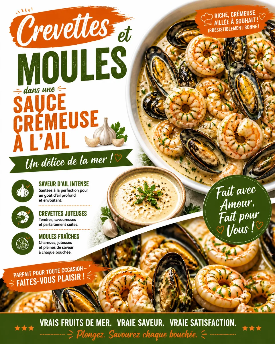 Crevettes et moules dans une sauce crémeuse à l'ail, plat savoureux et réconfortant