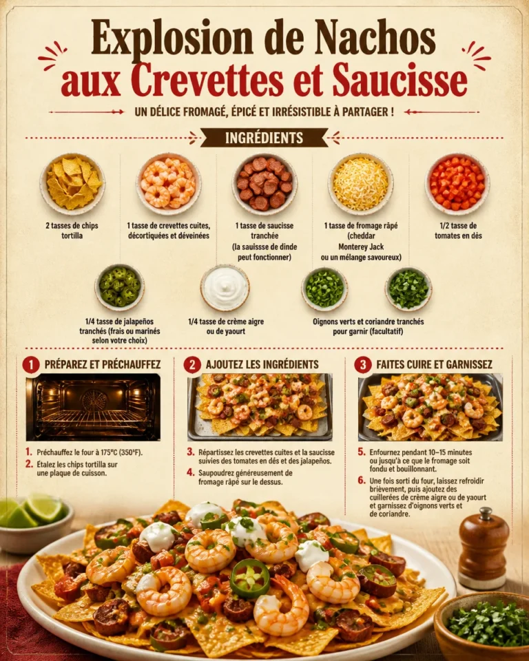 Assiette de nachos aux crevettes et saucisse, garnie de fromage fondu et légumes
