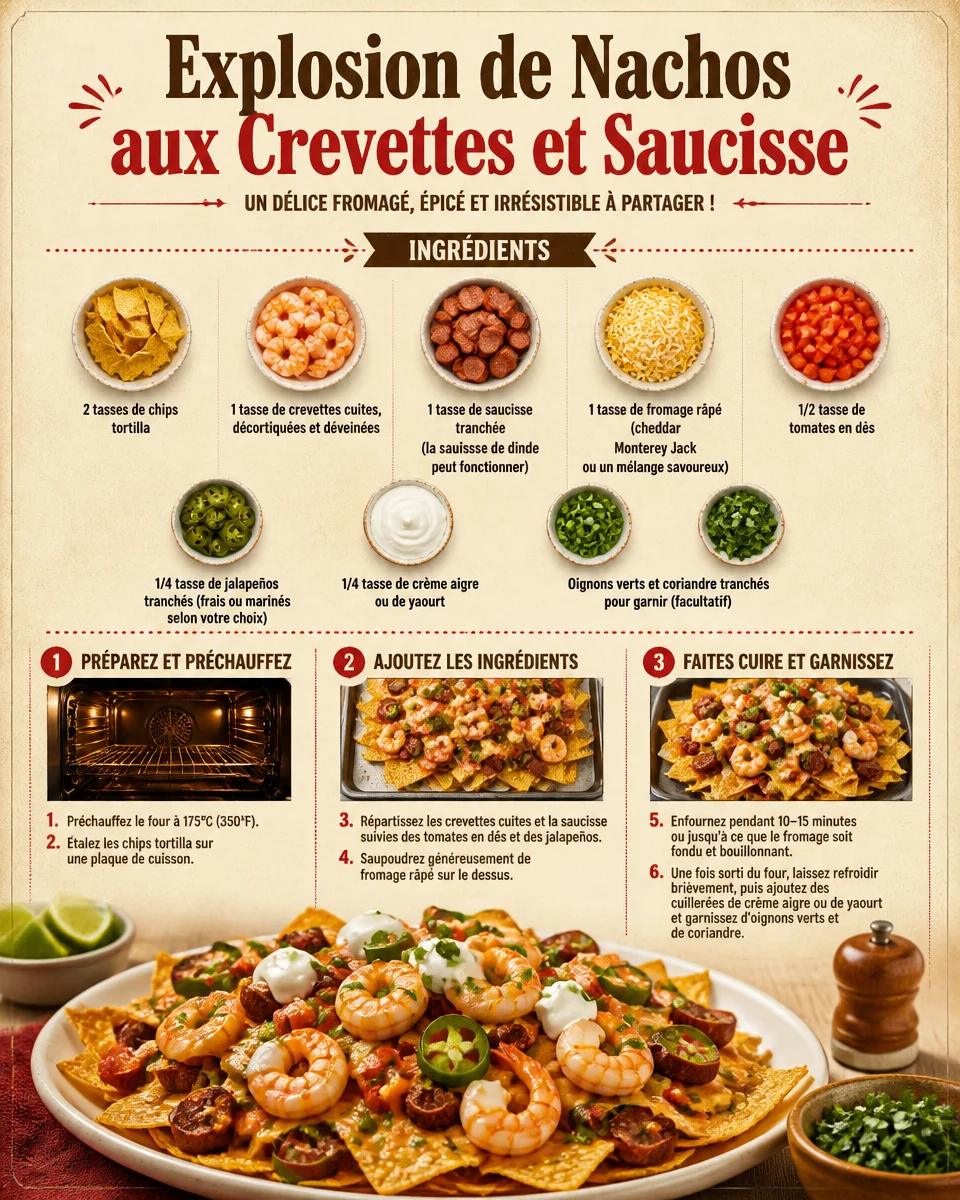 Assiette de nachos aux crevettes et saucisse, garnie de fromage fondu et légumes