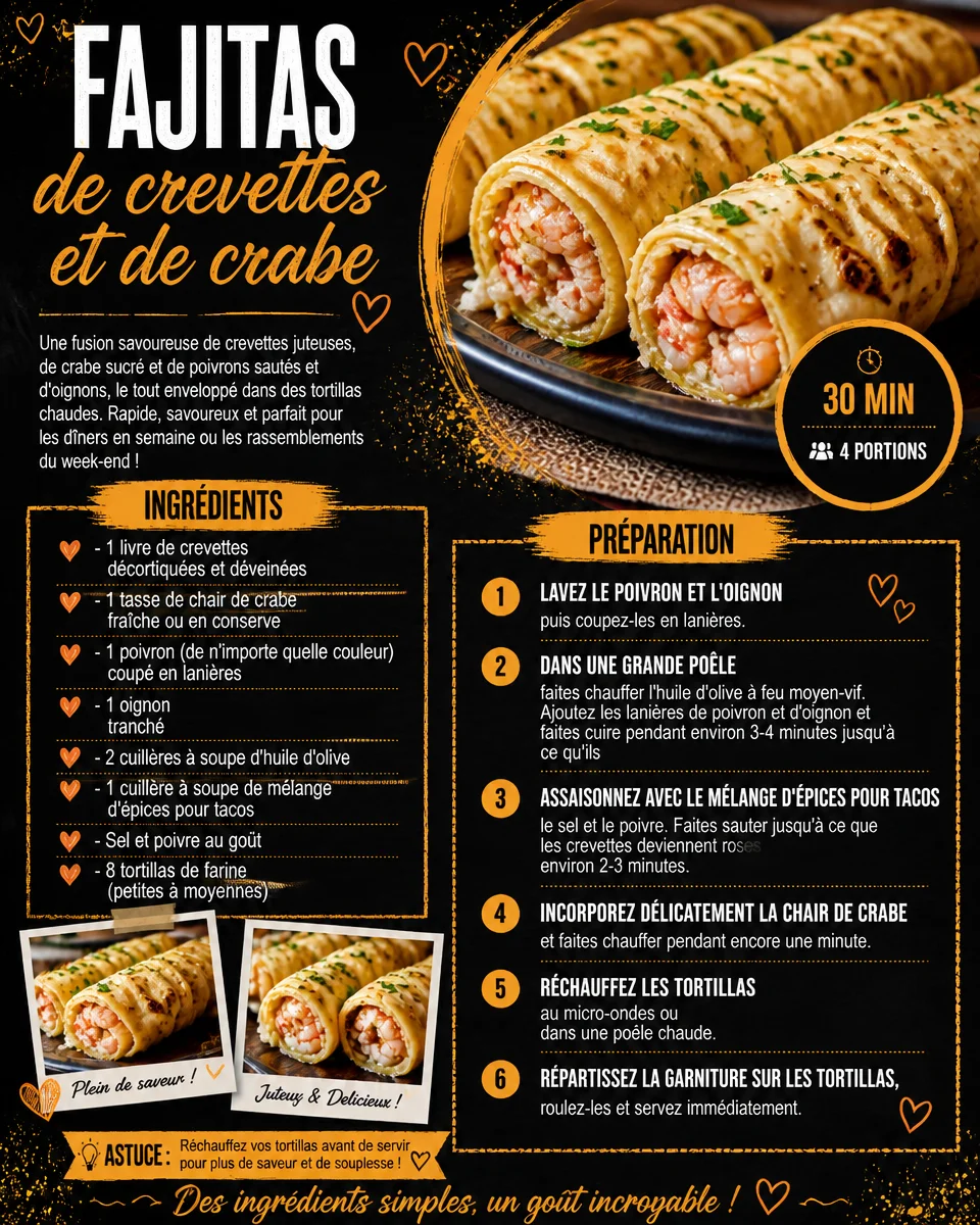 Fajitas de crevettes et de crabe servies sur une assiette avec guacamole et salsa.