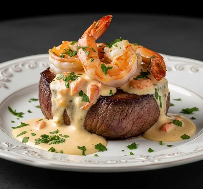 Filet Mignon aux Crevettes et Sauce Crème et Homard
