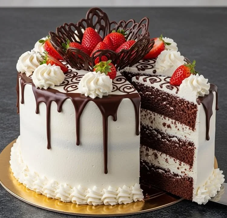 Gâteau au Chocolat à 3 Couches avec Crème Blanche, Ganache et Fraises