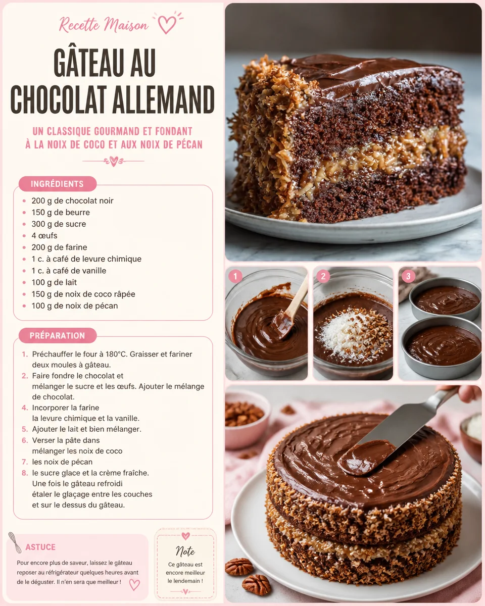 Gâteau au chocolat allemand, moelleux et savoureux, une recette incontournable.