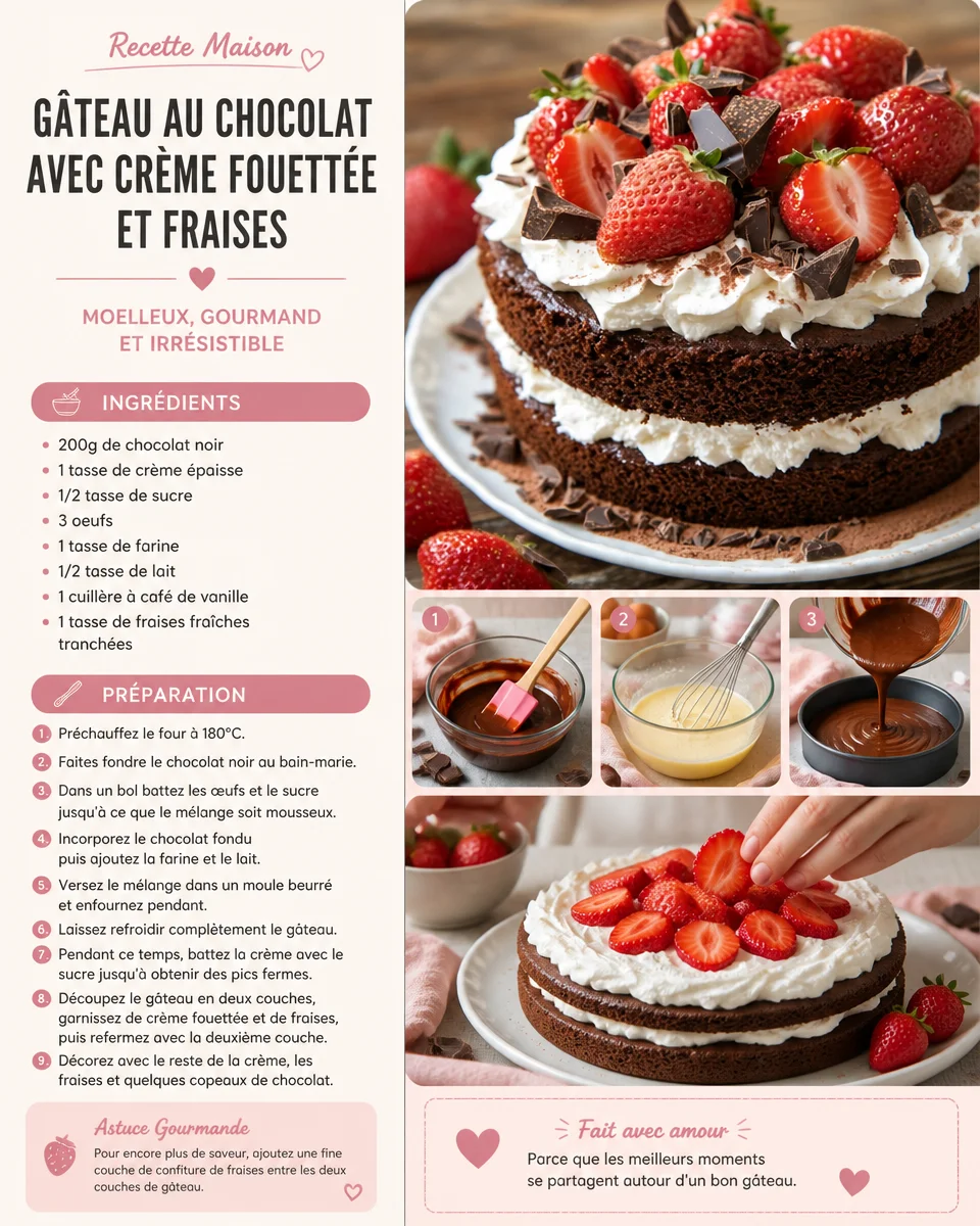 Gâteau au Chocolat garni de Crème Fouettée et de Fraises fraîches