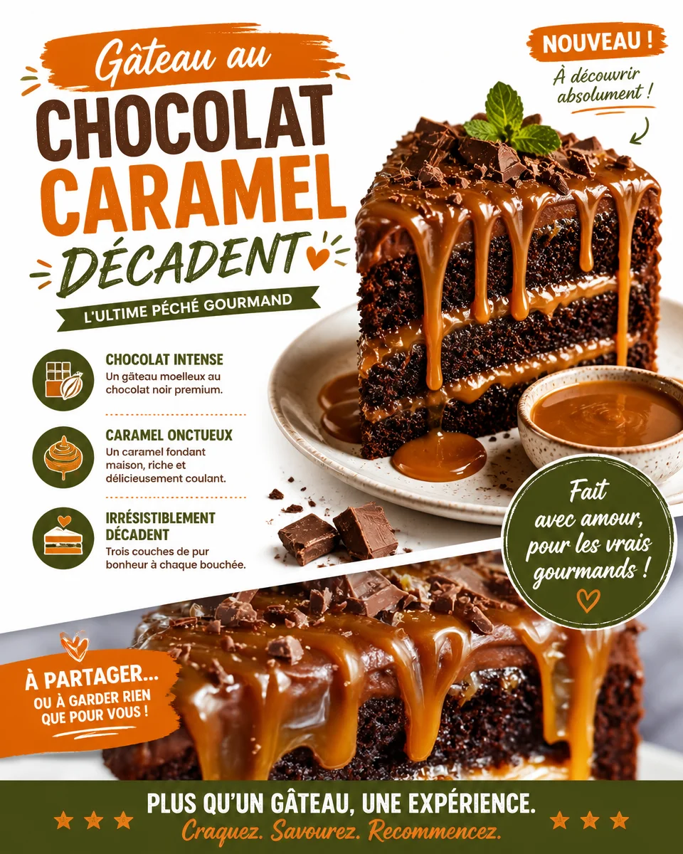 Gâteau au chocolat caramel décadent, riche en saveurs et gourmandise