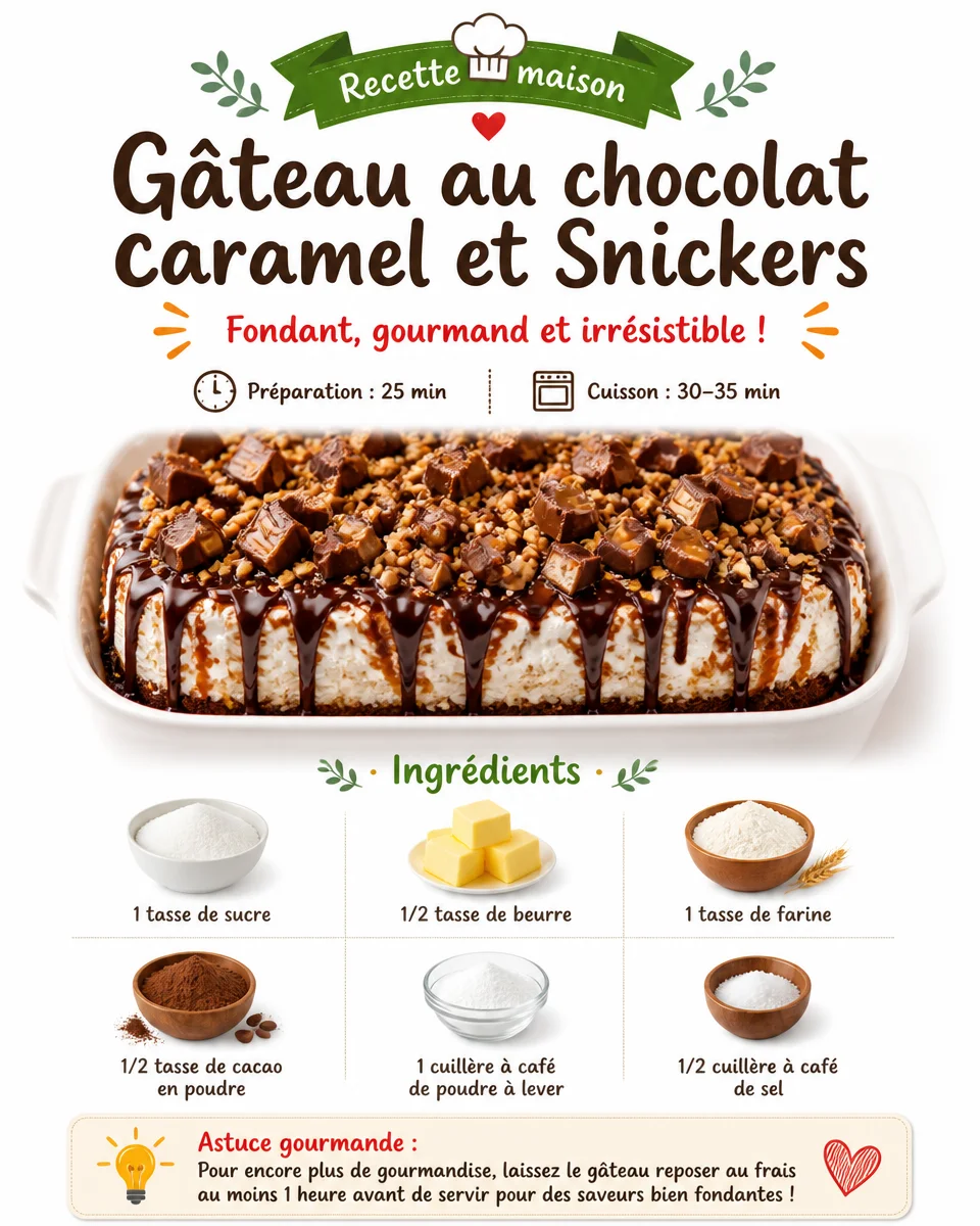 Gâteau au chocolat caramel et Snickers décoré pour une présentation gourmande