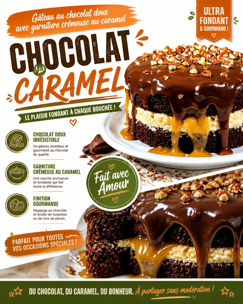 Gâteau au chocolat doux avec garniture crémeuse au caramel, un dessert savoureux.