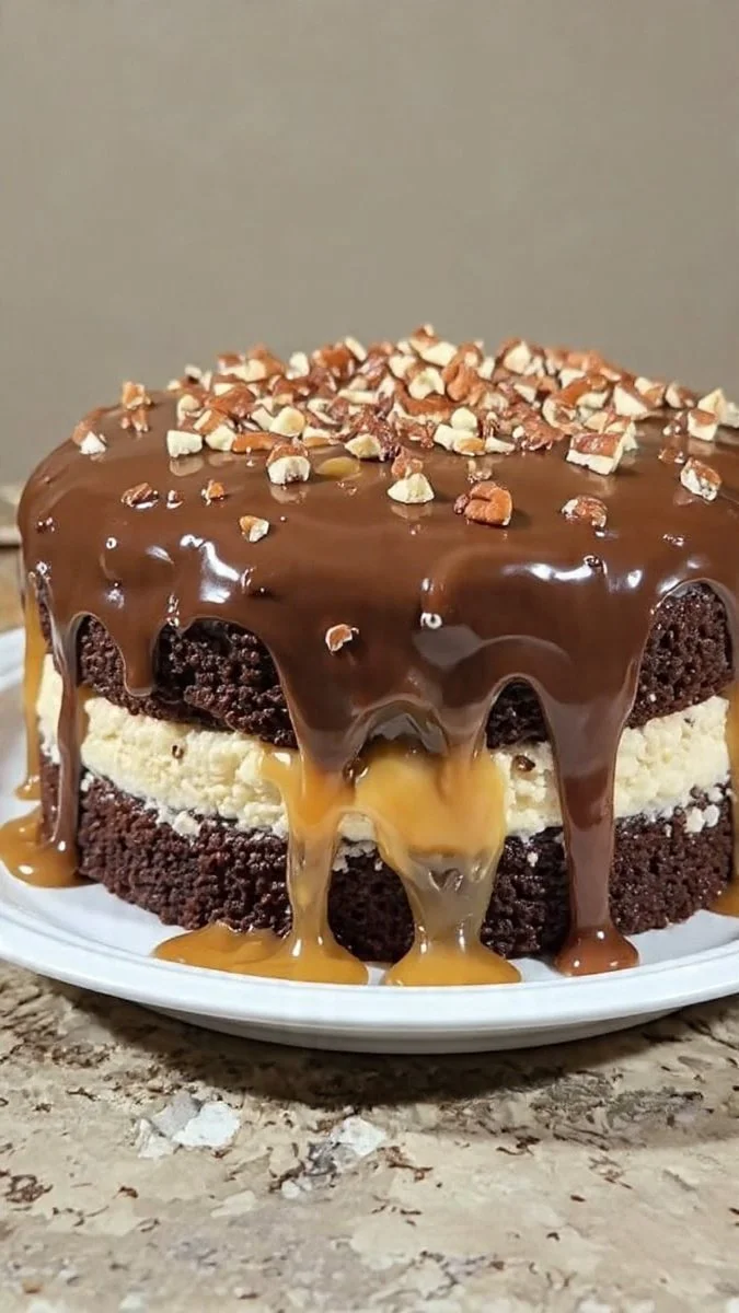 G&acirc;teau au chocolat doux avec garniture cr&eacute;meuse au caramel