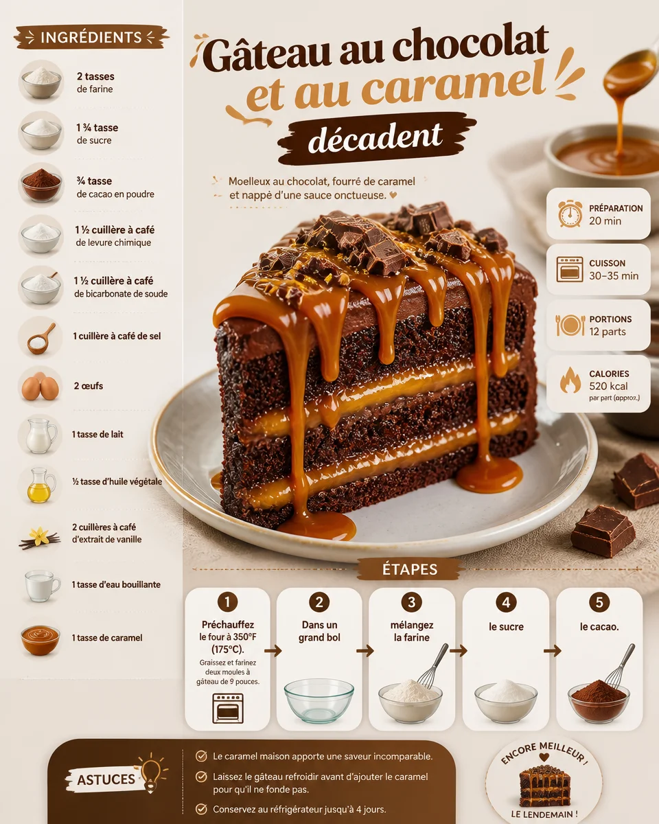 Gâteau au chocolat et caramel décadent, une délicieuse douceur chocolatée