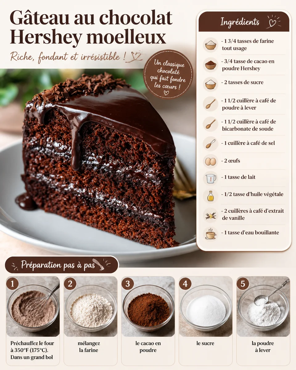 Gâteau au chocolat Hershey moelleux sur une assiette, décoré de chocolat fondu.