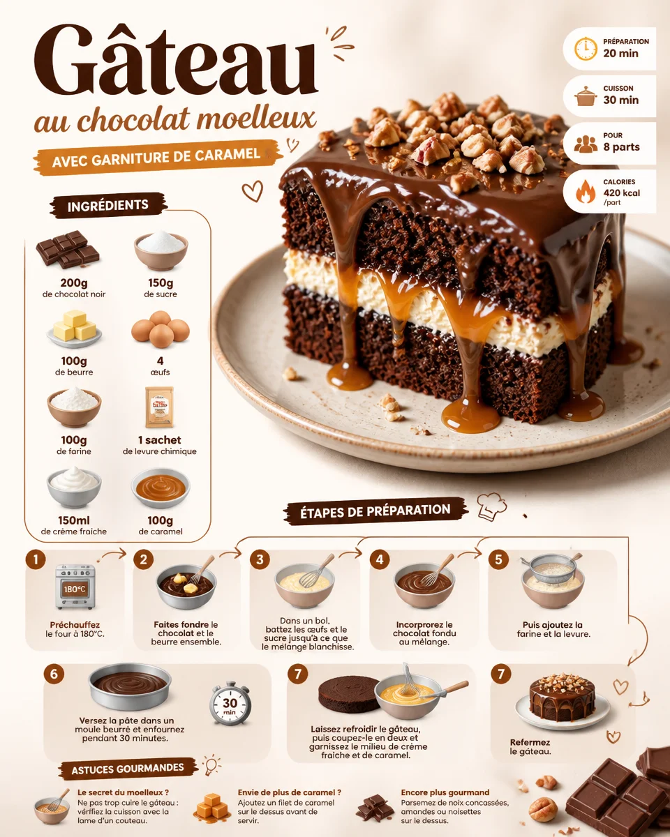 Gâteau au chocolat moelleux avec garniture de caramel surassiette