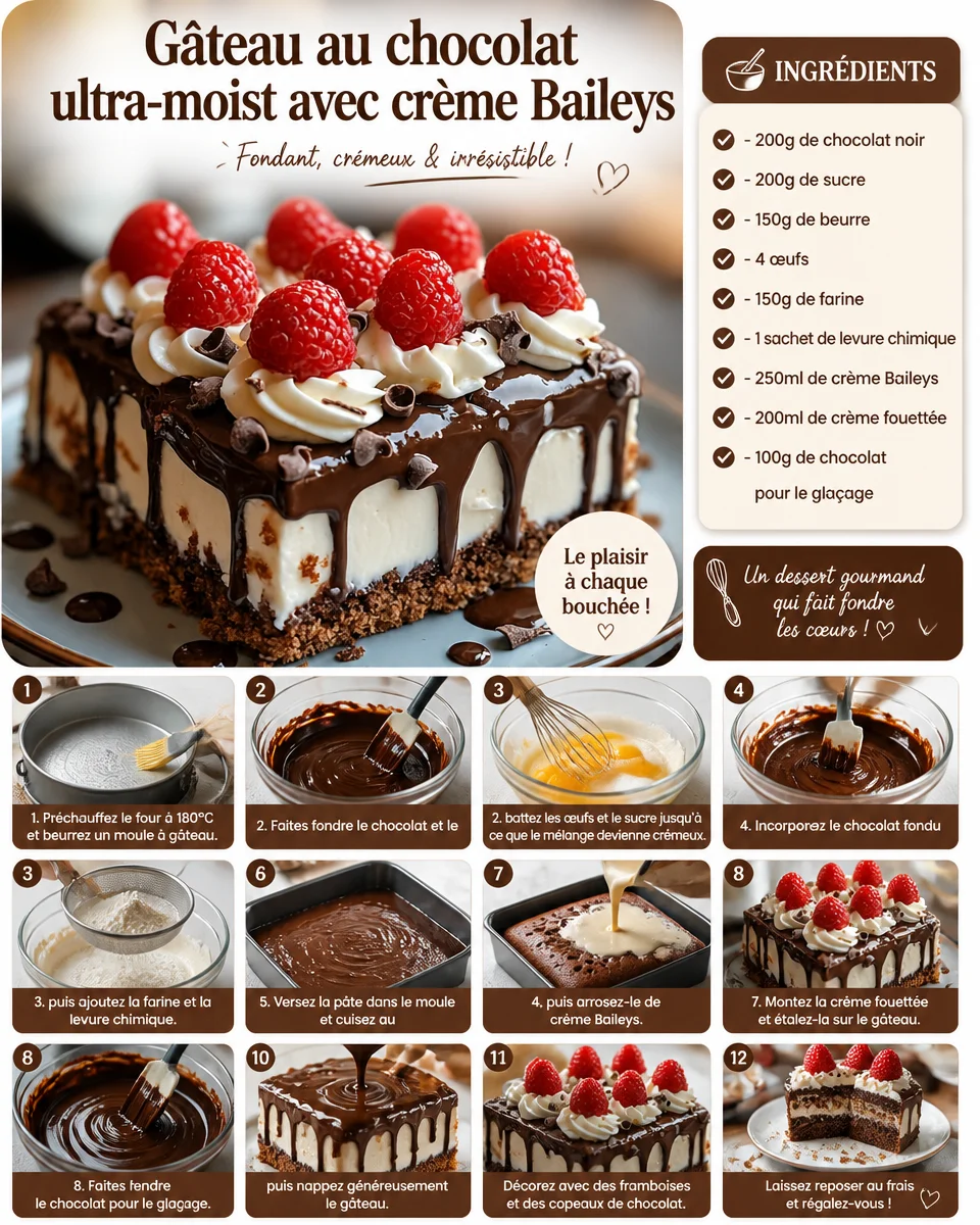Gâteau au chocolat ultra-moist avec crème Baileys, présentation gourmande