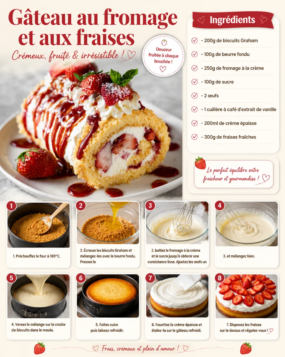 Gâteau au fromage aux fraises décoré, prêt à être dégusté.