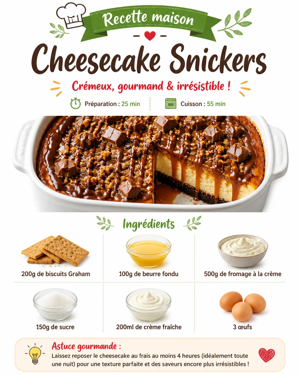 Gâteau au fromage Snickers décoré avec des morceaux de chocolat et de caramel.