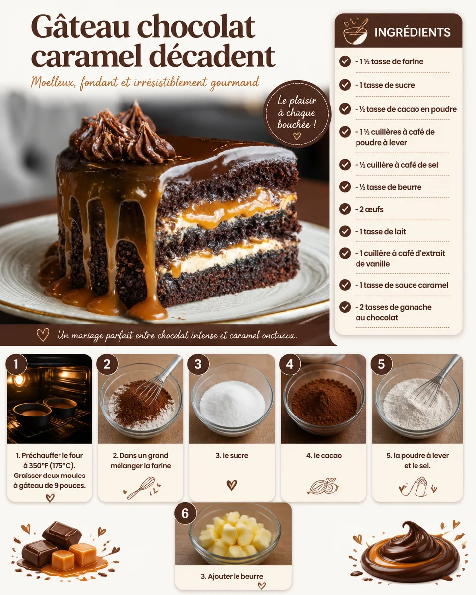 Gâteau chocolat caramel décadent avec éclats de caramel sur le dessus
