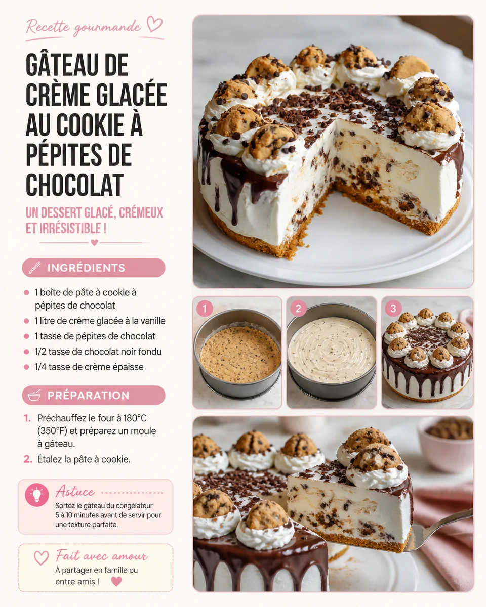 Gâteau de crème glacée au cookie à pépites de chocolat, dessert gourmand et savoureux.