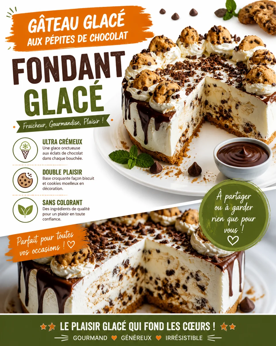 Gâteau glacé aux pépites de chocolat prêt à servir dans un plat élégant.