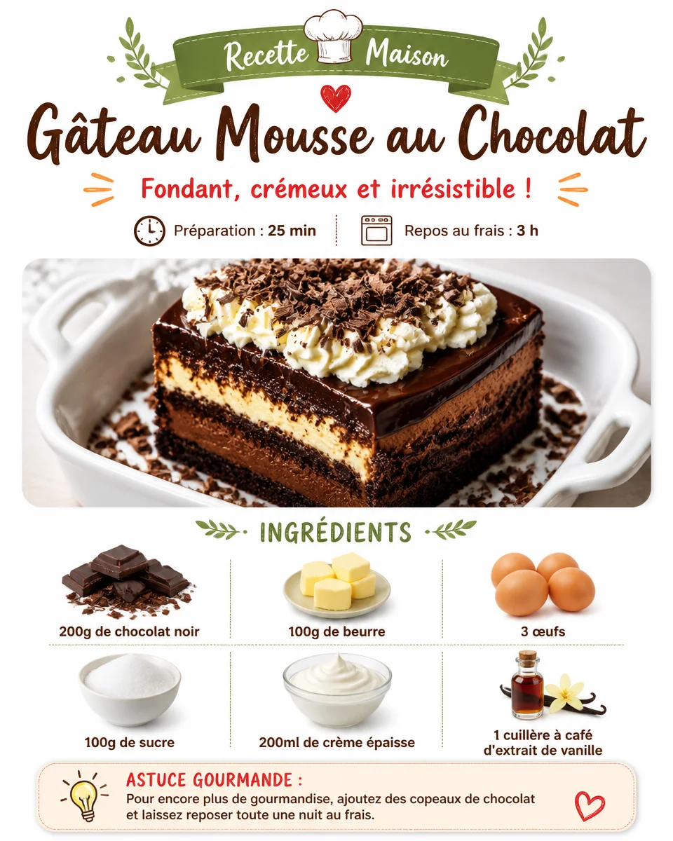 Recette de Gâteau Mousse au Chocolat, un dessert mousseux et chocolaté