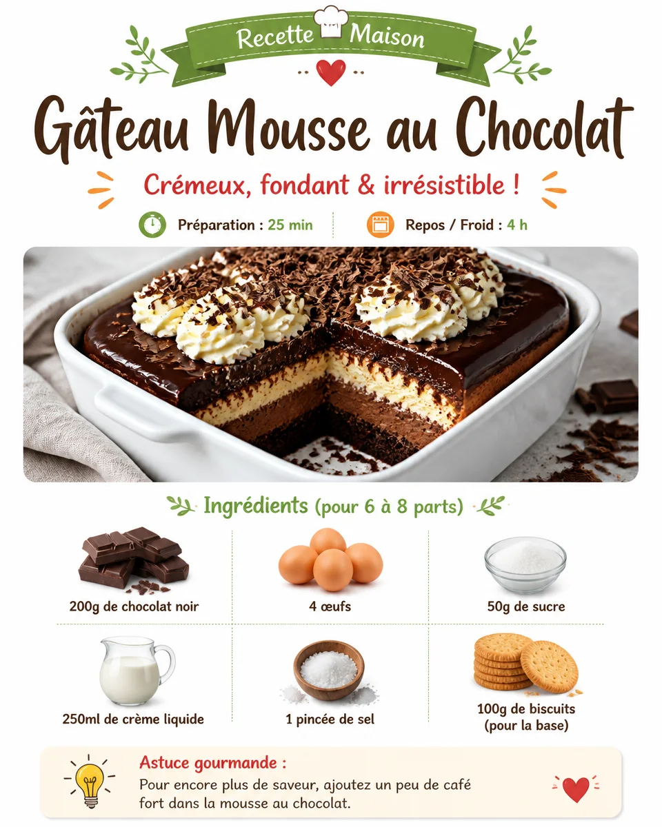 Gâteau Mousse au Chocolat riche et crémeux, décoré pour une fête