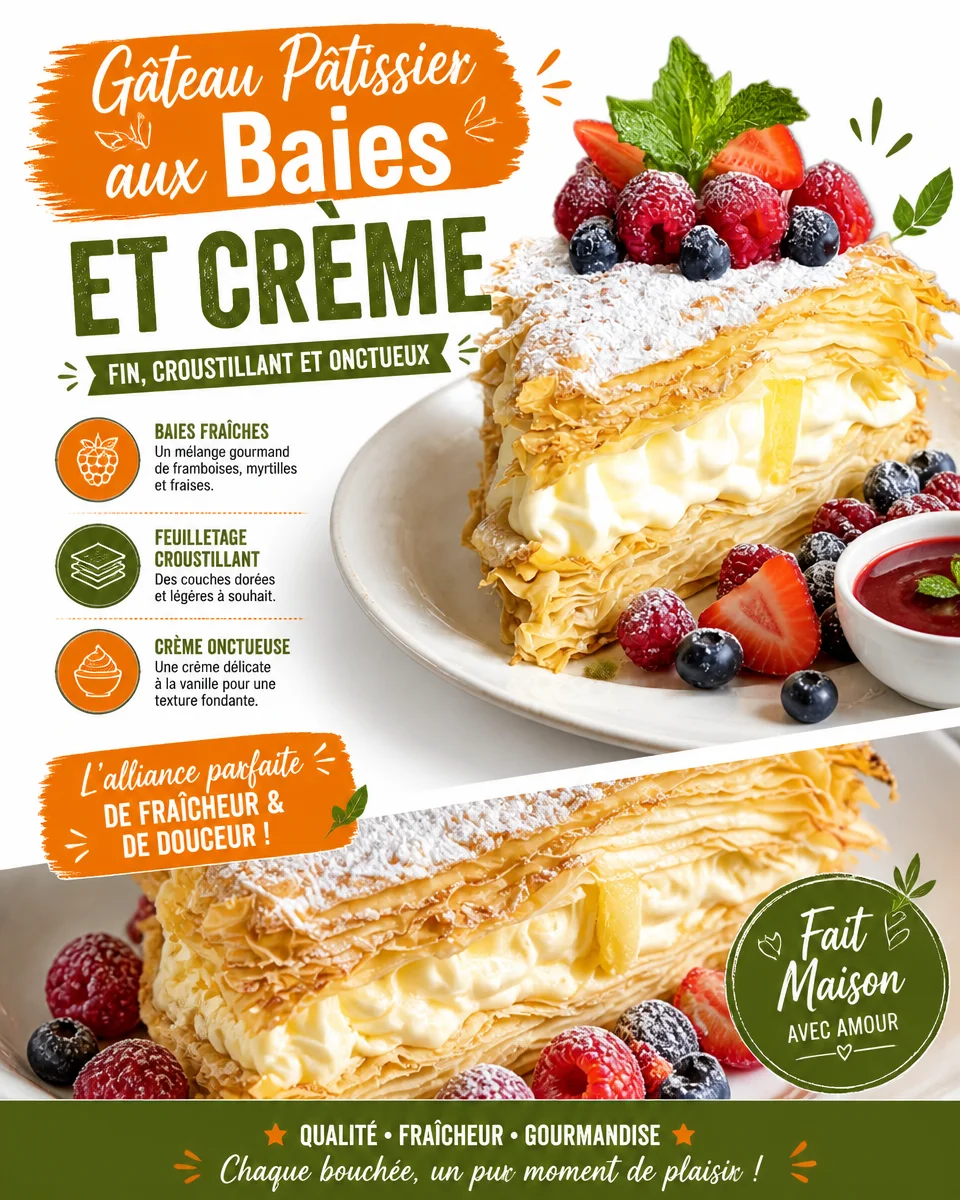 Gâteau Pâtissier aux Baies et Crème, dessert gourmet aux fruits et crème