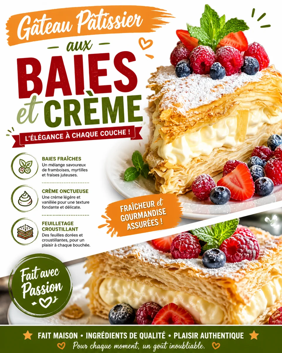 Gâteau pâtissier aux baies et crème, une délicieuse recette sucrée.