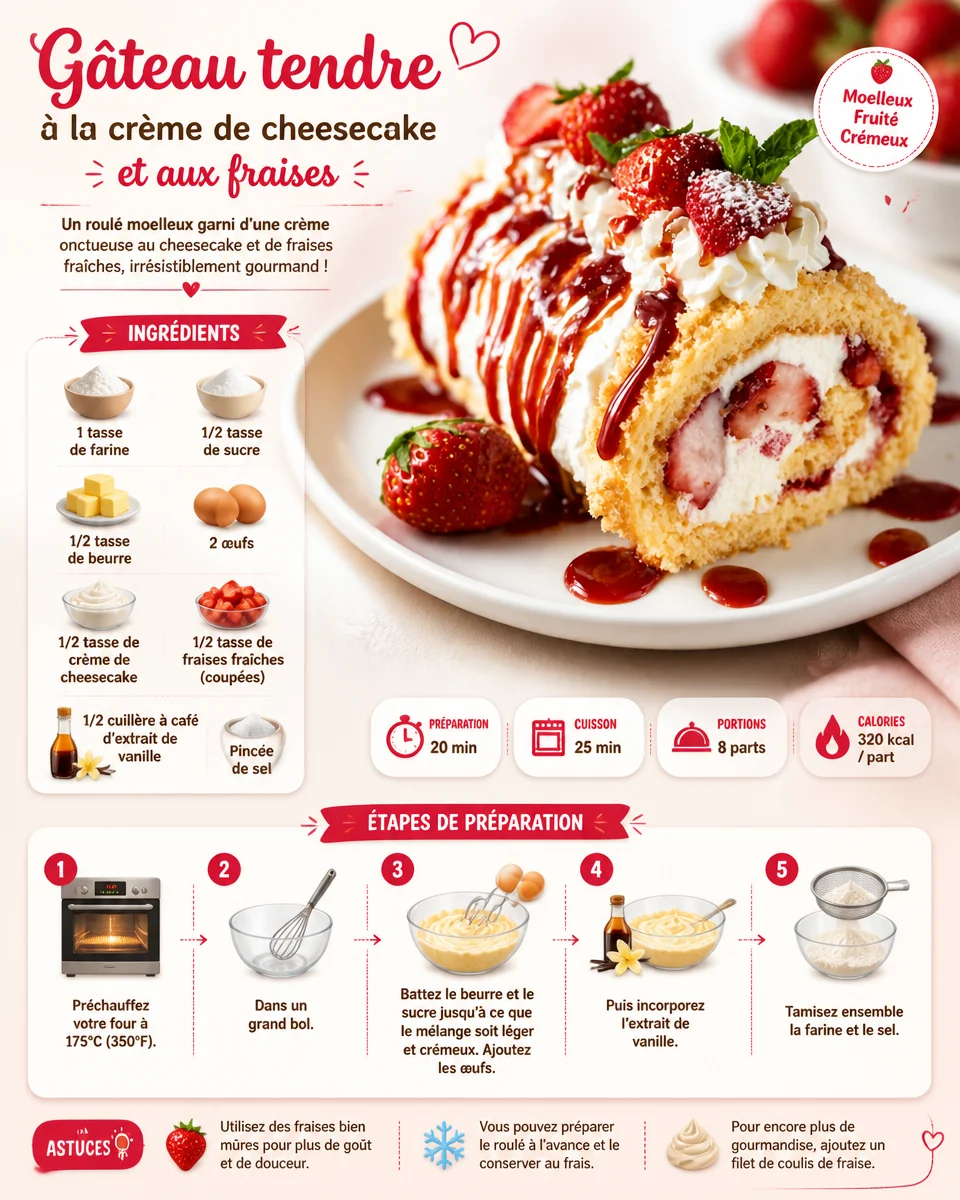 Gâteau cheesecake tendre à la crème de fraises sur une assiette elegante