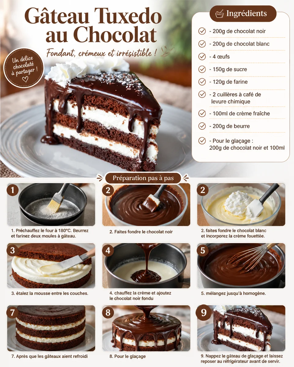 Gâteau Tuxedo au Chocolat, une délicieuse dessert élégant et chocolaté.