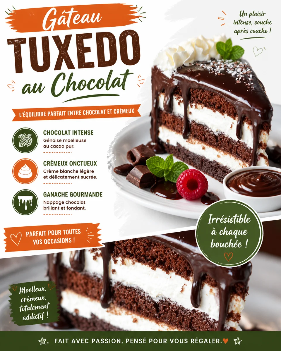 Gâteau Tuxedo au Chocolat avec couches de chocolat noir et blanc