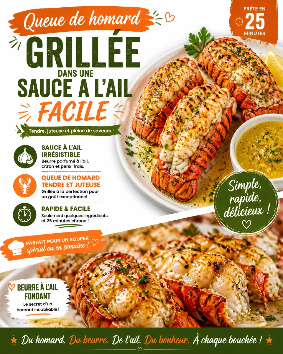 Homard grillé dans une sauce à l'ail, prêt à être dégusté.