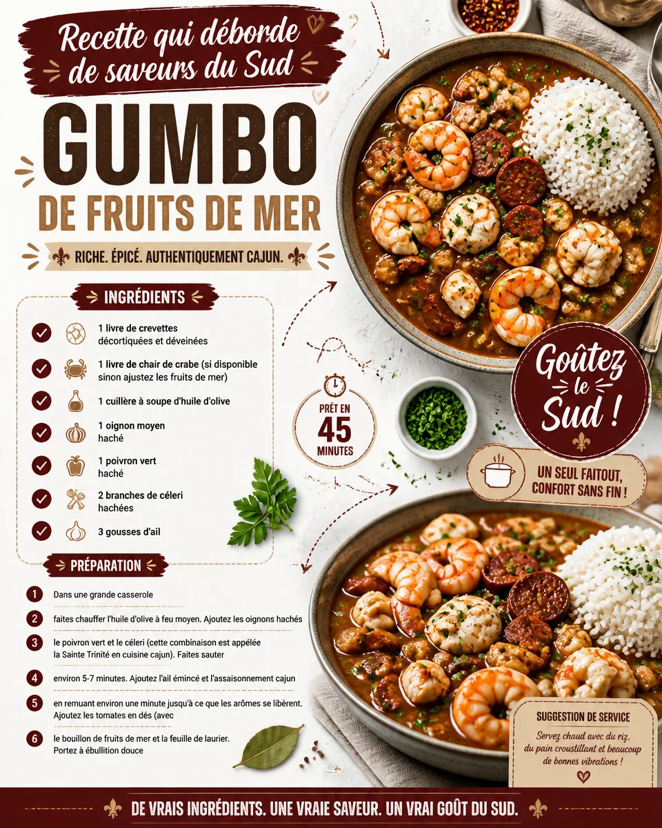 Gumbo de fruits de mer, un plat créole rempli de saveurs et de fraîcheur.
