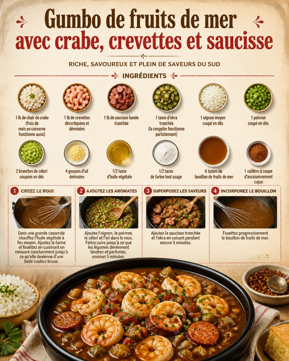 Gumbo de fruits de mer avec crabe, crevettes et saucisse servi dans un bol