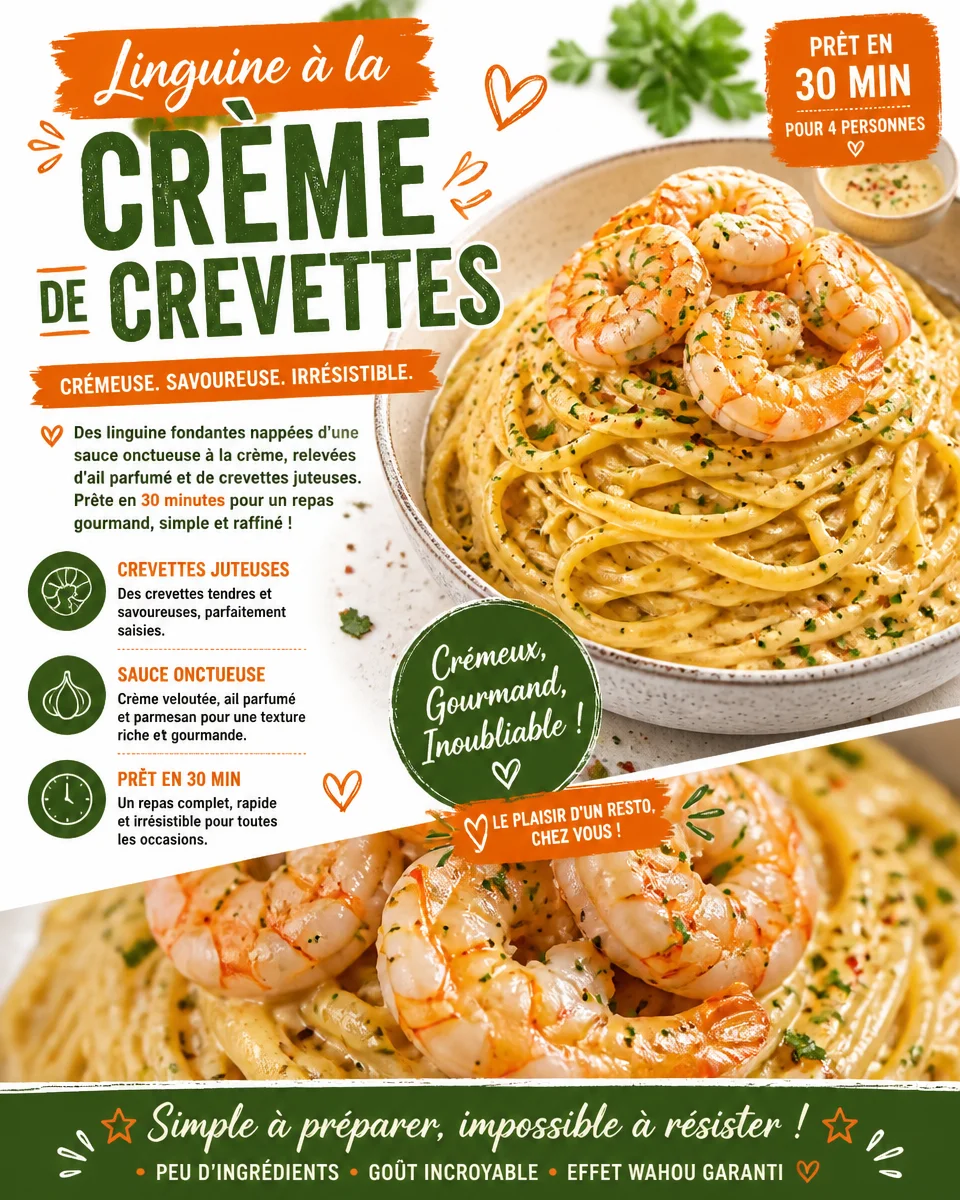 Plat de linguine à la crème de crevettes, garniture fraîche et appétissante.