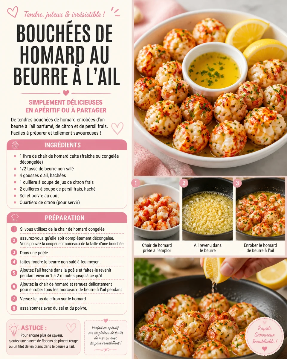 Bouchées de homard dans du beurre à l'ail, prêtes à déguster.