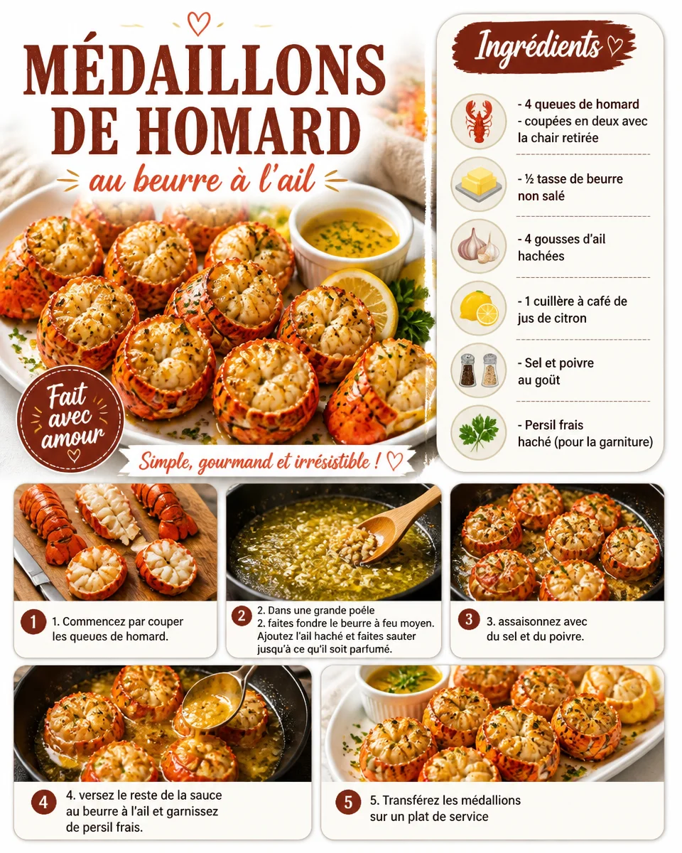 Médallions de homard au beurre à l'ail présentés dans un plat gourmet.