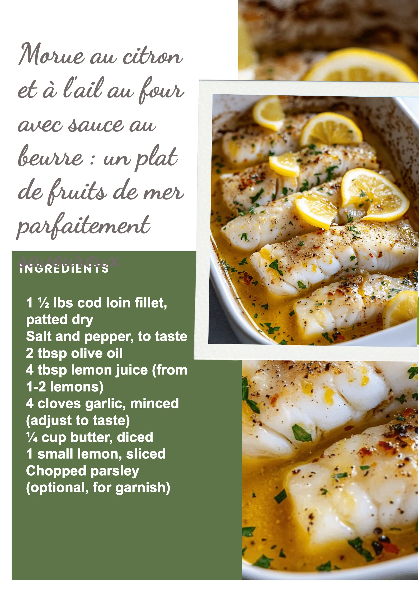 Morue au citron et à l'ail au four avec sauce au beurre, plat de fruits de mer