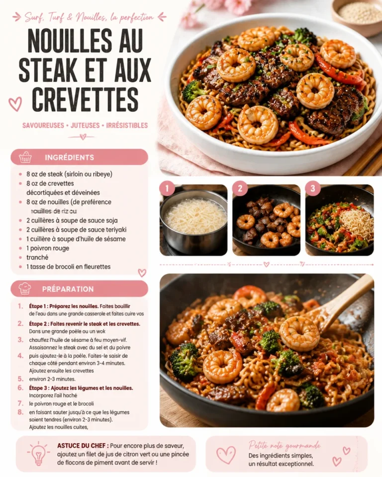 Nouilles au steak et aux crevettes servies dans un bol coloré