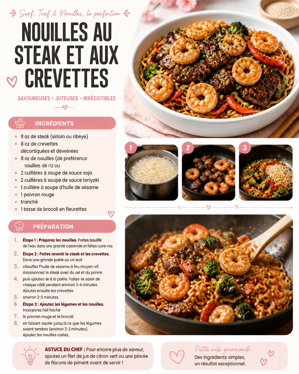 Nouilles au steak et aux crevettes servies dans un bol coloré