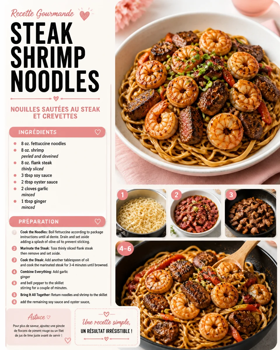 Nouilles aux crevettes steak avec légumes frais et sauce savoureuse