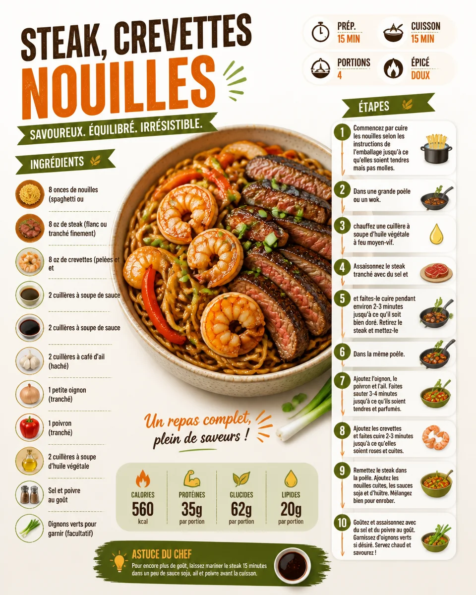Nouilles aux crevettes et steak savoureux dans une assiette élégante.