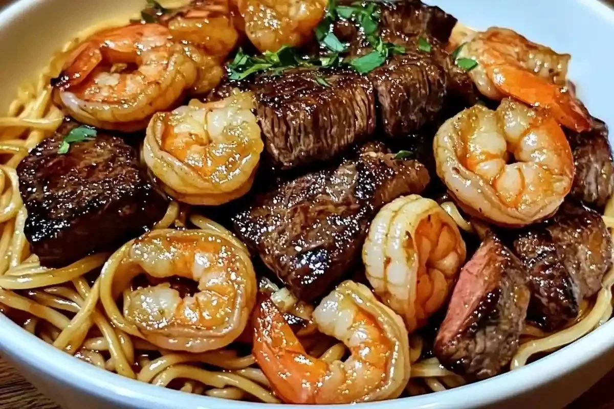 Nouilles aux crevettes et steak
