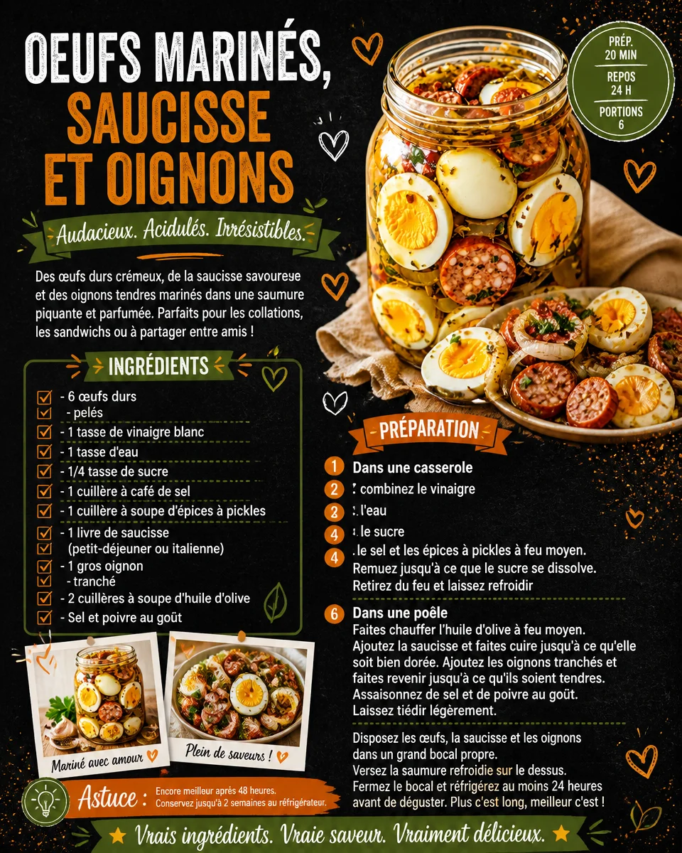 Recette d'œufs marinés accompagnés de saucisse et d'oignons