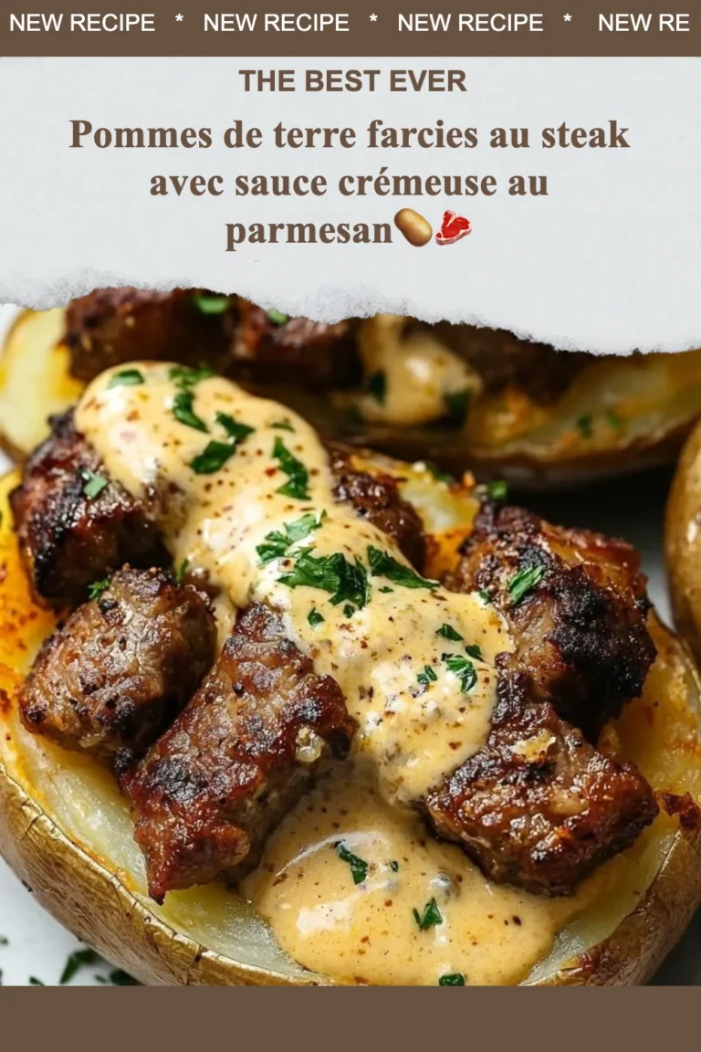 Pommes de terre farcies au steak, garnies d'une sauce crémeuse au parmesan