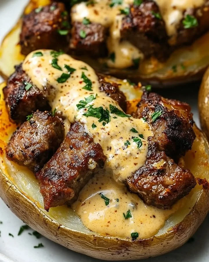 Pommes de terre farcies au steak avec sauce crémeuse au parmesan🥔🥩