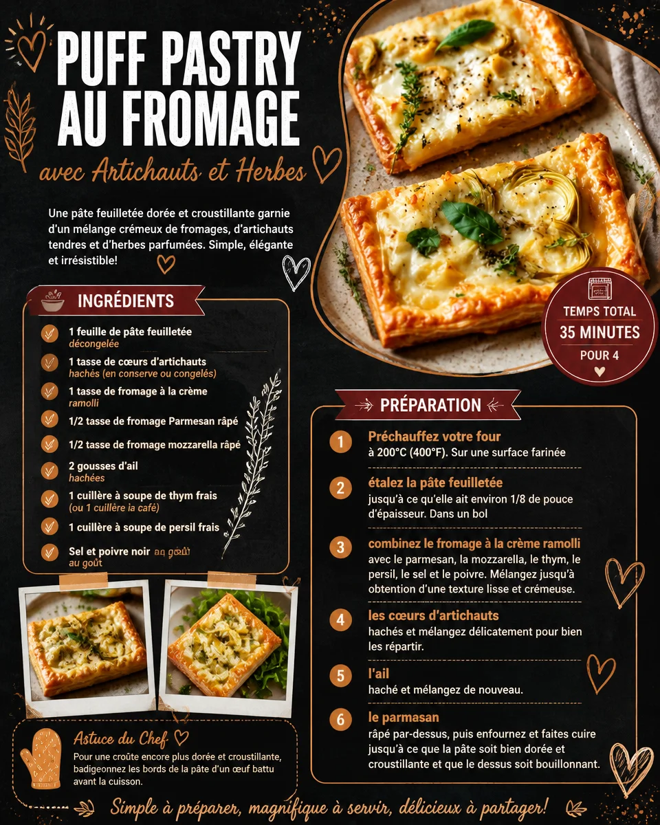 Puff Pastry au Fromage avec Artichauts et Herbes, plat savoureux et élégant