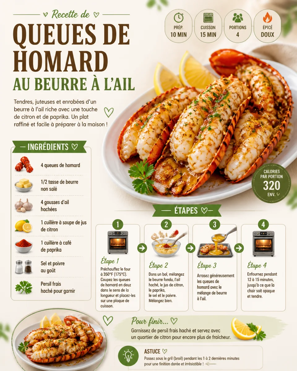 Queues de homard au beurre à l'ail servies dans une assiette gastronomique