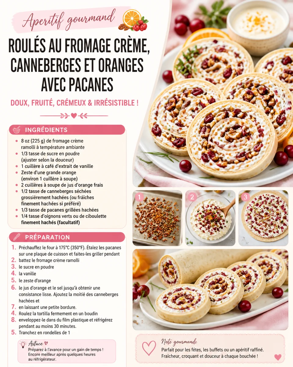 Roulés au fromage crème garnis de canneberges, oranges et pacanes