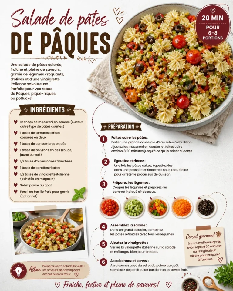 Salade de pâtes de Pâques colorée avec légumes frais et vinaigrette